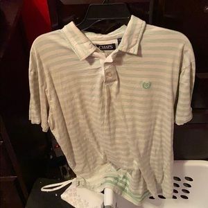 Light green and white striped Chaps polo shirt.